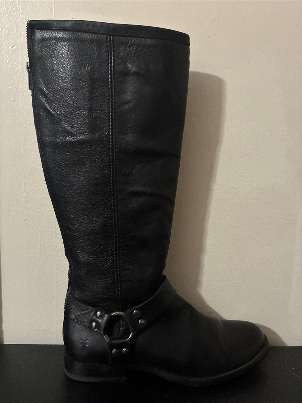 Frye Phillip Harness Tall Boot black leather knee-high boot size 9.5